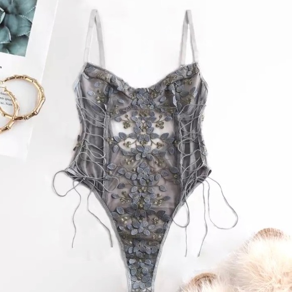 Tops - y2k grey blue floral lace corset bodysuit!